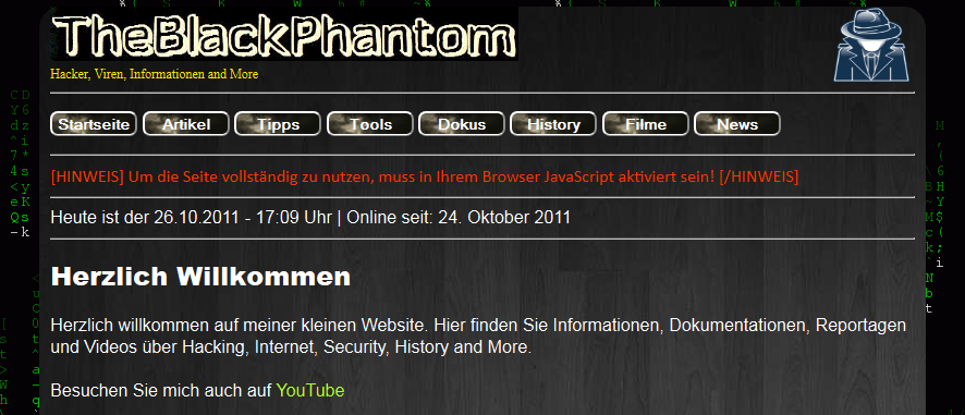 Die TheBlackPhantom-Webseite zwei Tage nach Veröffentlichung