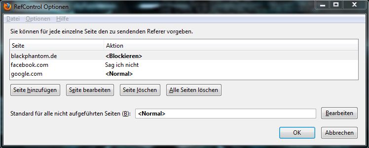 Firefox-Addon: RefControl-Haupfenster