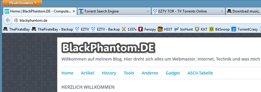 BlackPhantom.DE im frisch heruntergeladenen PirateBrowser von The Pirate Bay