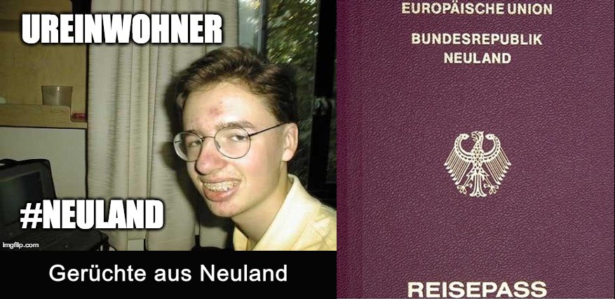 Ureinwohner von Neuland und erster Entwurf des neuländischen Reisepasses.