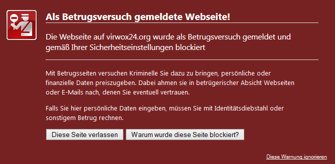 Mozilla Firefox erkennt die betrügerische Seite