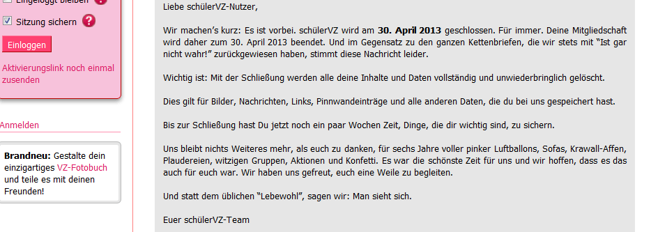 Offizielle Mitteilung über die Schließung am 30. April 2013