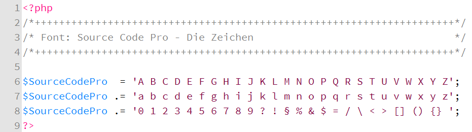 Source Code Pro - Die Zeichen