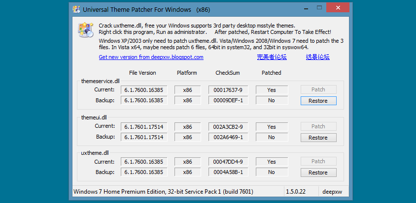 Universal Theme Patcher - Benutzeroberfläche