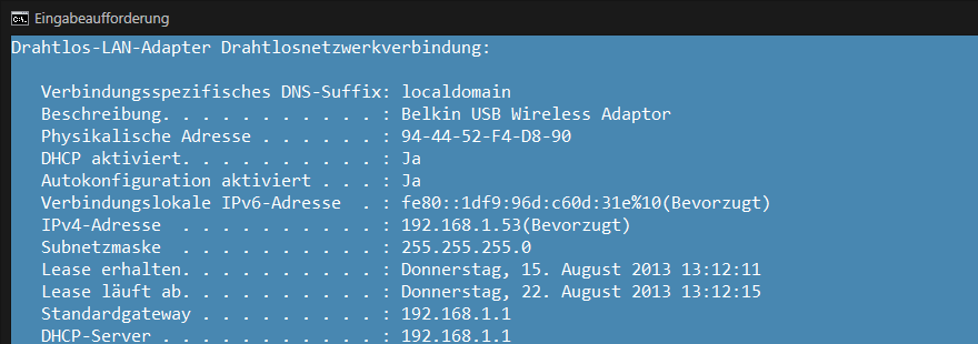 Windows-Eingabeaufforderung mit ipconfig-Beispiel